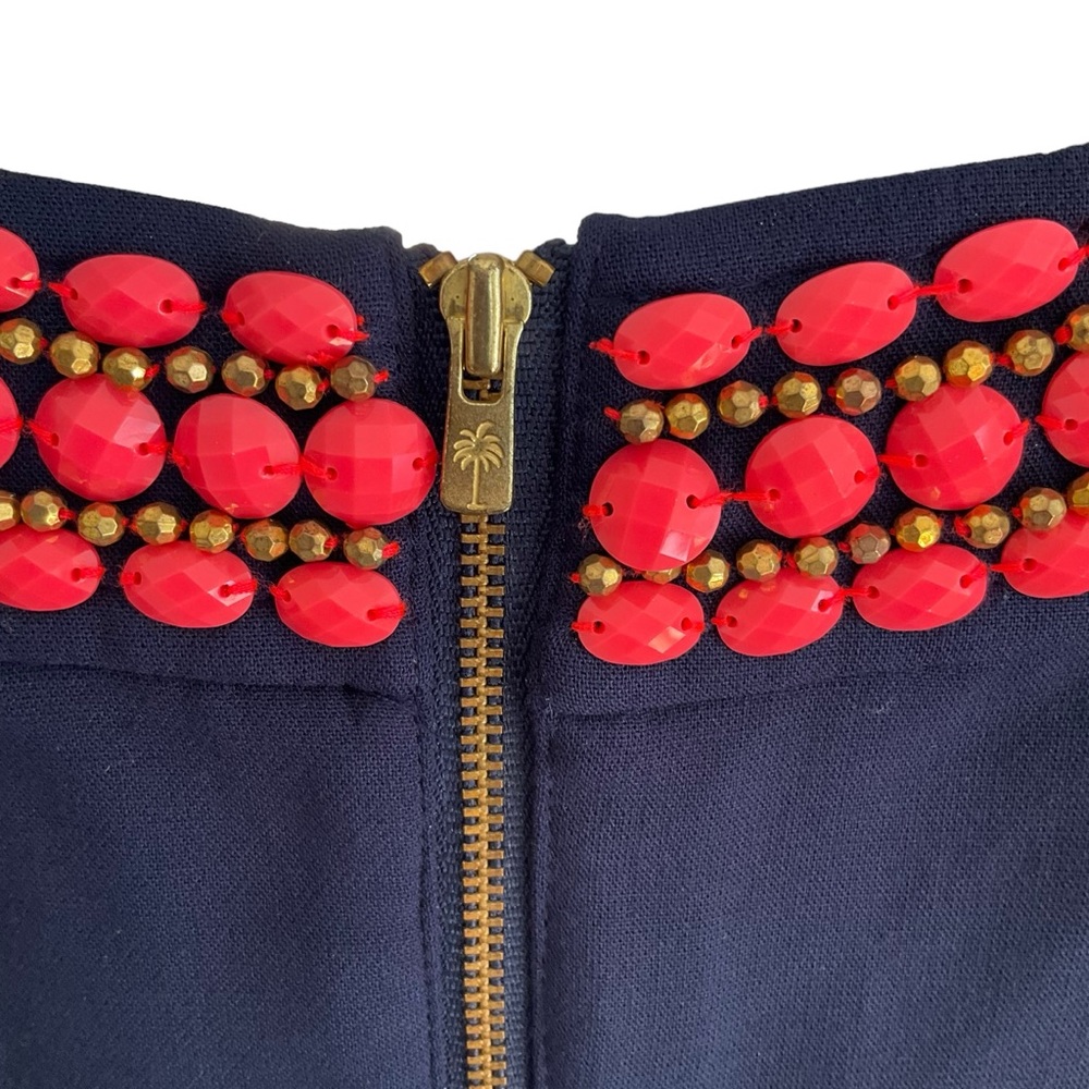 Lilly Pulitzer Bennett Mini Sheath Dress Navy Blue Coral Beaded Jewels - Picture 10 of 16